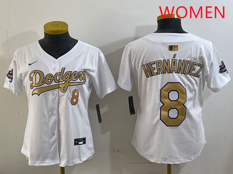 Women Los Angeles Dodgers #8 Hernandez White Gold Game Nike 2025 MLB Jersey style 429->women mlb jersey->Women Jersey